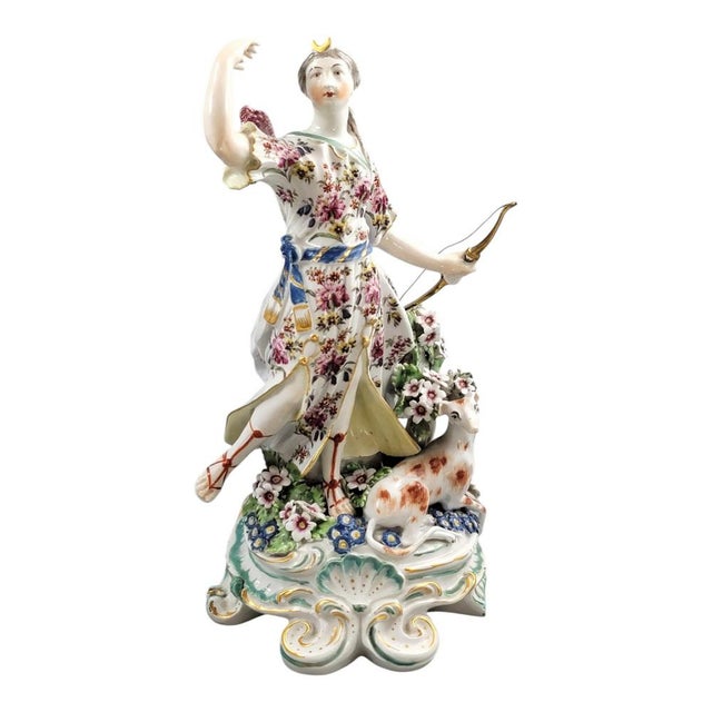 A finely modelled 18th-century derby porcelain figure representing diana, the classical goddess of the hunt, accompanied...
