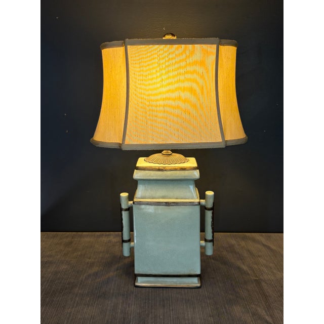 Offered for your consideration, this Asian style table lamp by John Richard featuring a a crackle celadon ceramic base...