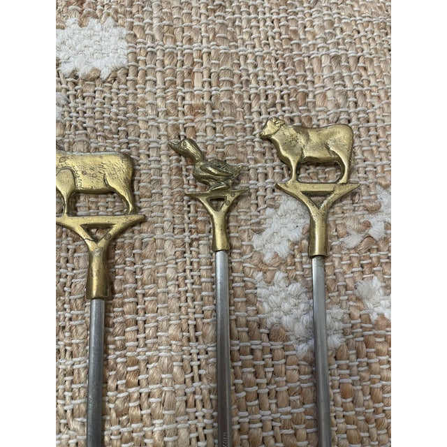 Metal Vintage Brass Animal Top Skewers Set of 7 Brass & Steel For Sale - Image 7 of 11