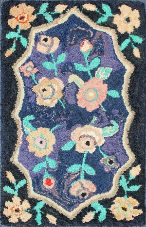American Hooked Rug in Floral Pattern With Medallion on Purple/Blue, Black