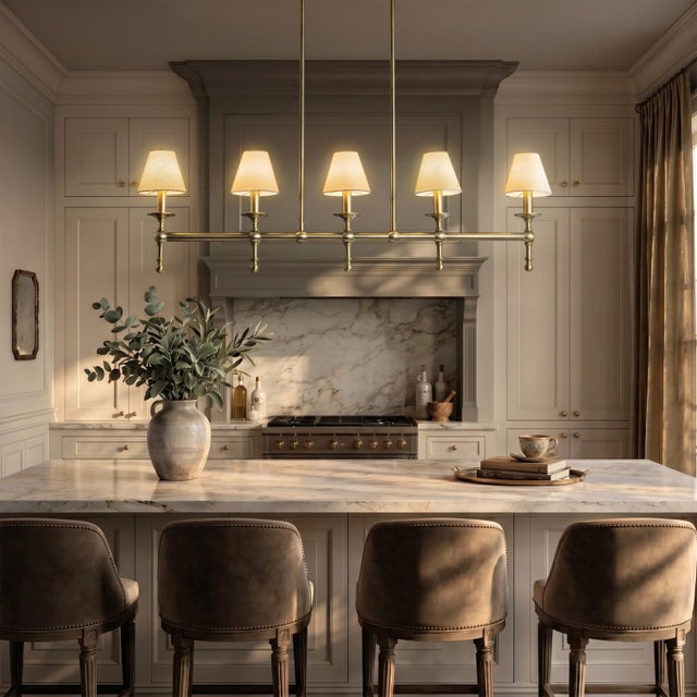 2020s Aloadecor Transitional Warm Brass Linear Chandelier With Fabric Shades For Sale - Image 5 of 7