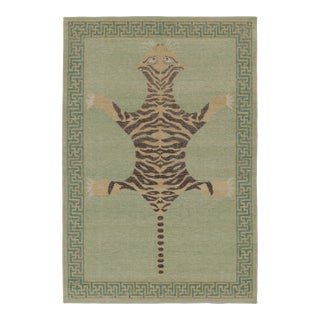Rug & Kilim’s Distressed Tiger Rug in Green With Beige and Brown Pictorial For Sale