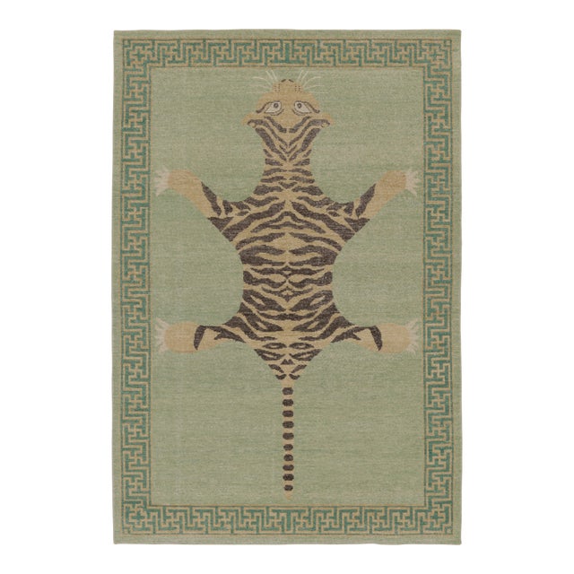 Rug & Kilim’s Distressed Tiger Rug in Green With Beige and Brown Pictorial For Sale
