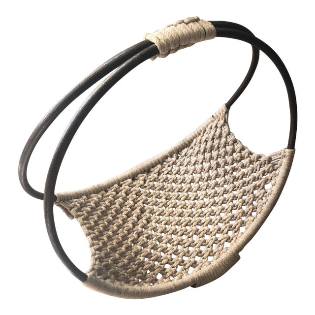 Mid-Century Modern Macramé Wood Magazine Rack For Sale