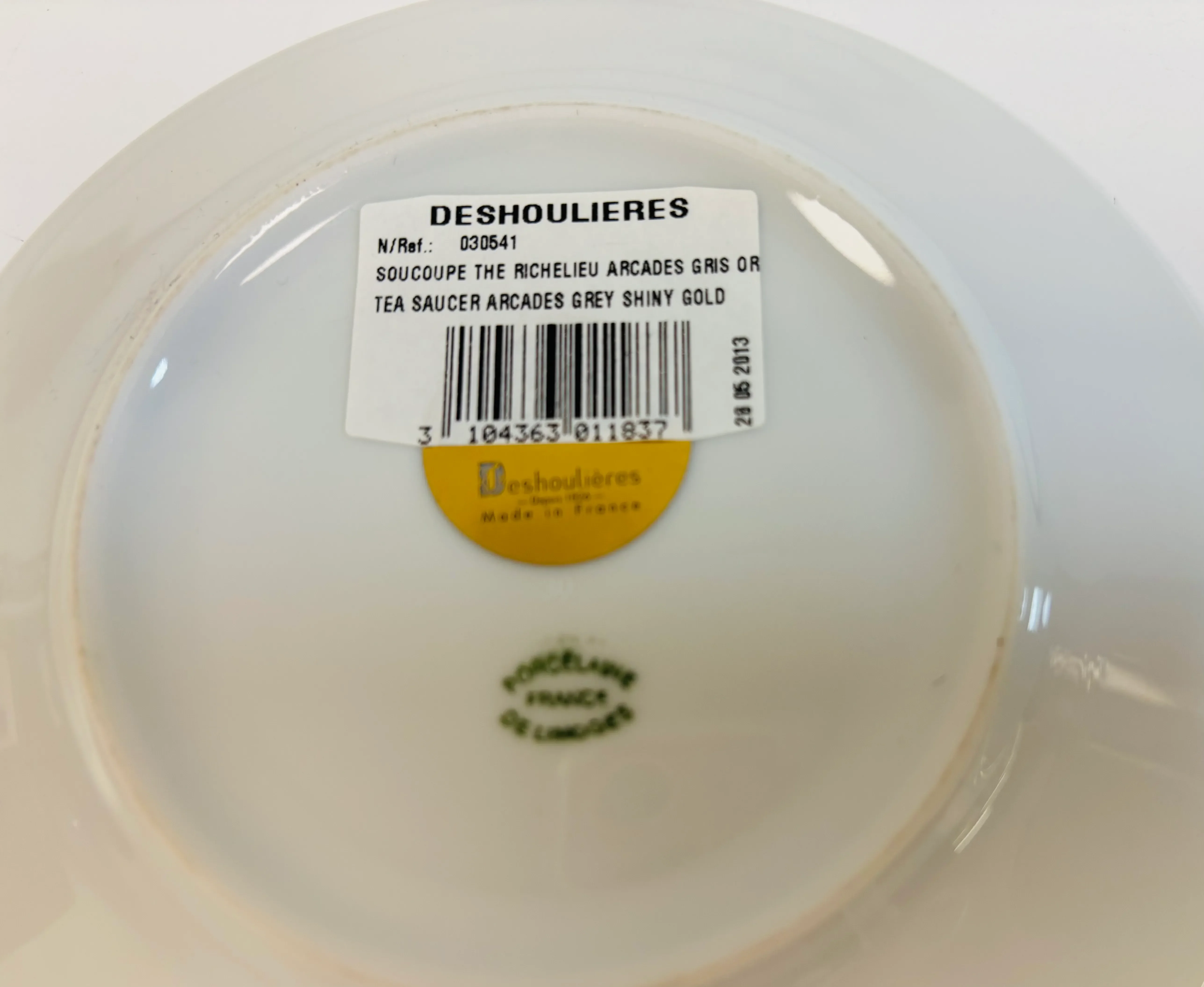 Deshoulieres Limoges Arcades Grey and Gold 2 Saucers and One Cup