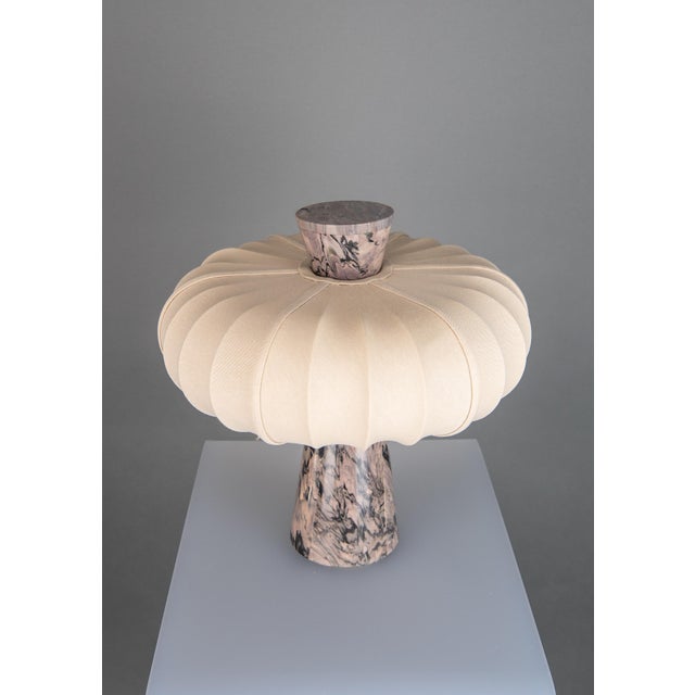 Brutalist Terrestrial Brown Veined Marble and Toffee Cotton Table Lamp by ZAVADSKI For Sale - Image 3 of 5