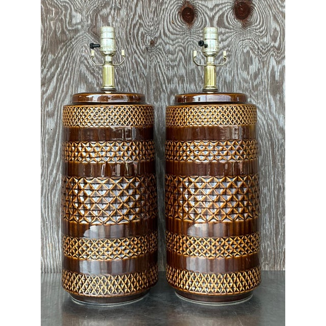 Vintage Boho Glazed Ceramic Band Lamps - a Pair For Sale - Image 10 of 10