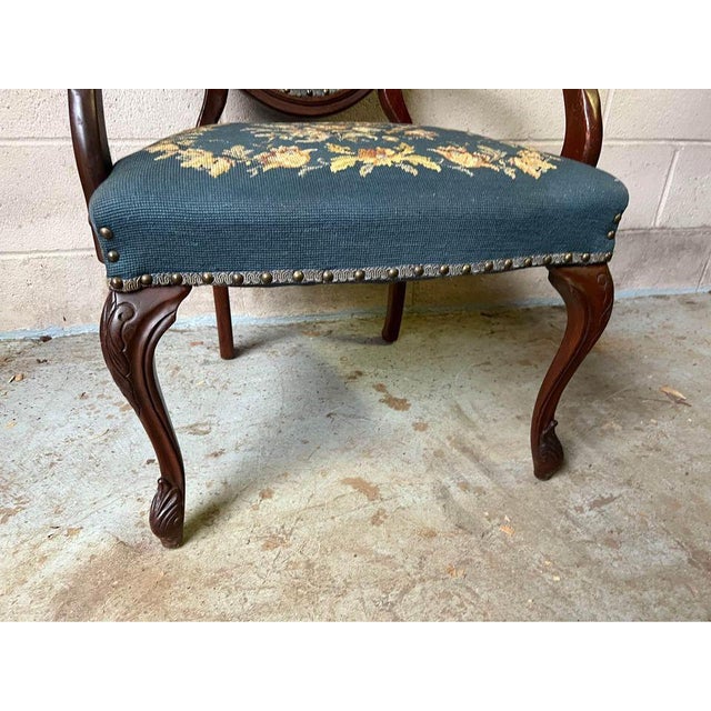 Early 20th Century Antique Victorian Style Balloon Back Carved Mahogany Needlepoint Open Armchair For Sale - Image 4 of 10