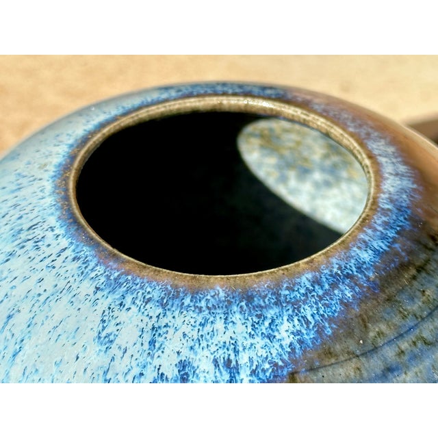Studio Ceramic Spherical Vase with Blue Flowing Glaze, Germany, 1970s For Sale - Image 10 of 15
