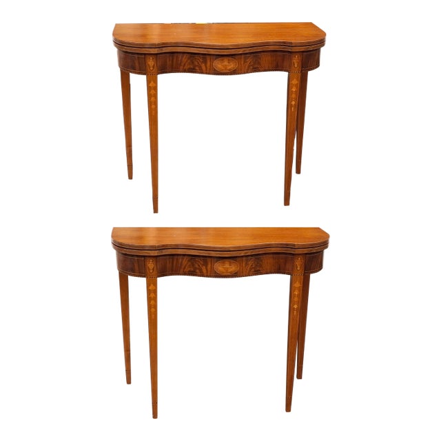 Pair of 19th Century Federal Satinwood Inlaid Mahogany Fold Top Card or Console Tables For Sale