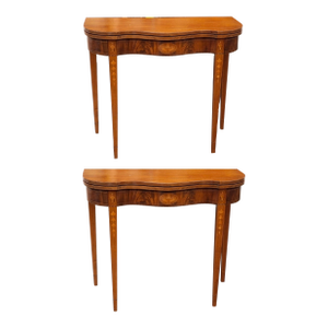 Pair of 19th Century Federal Satinwood Inlaid Mahogany Fold Top Card or Console Tables