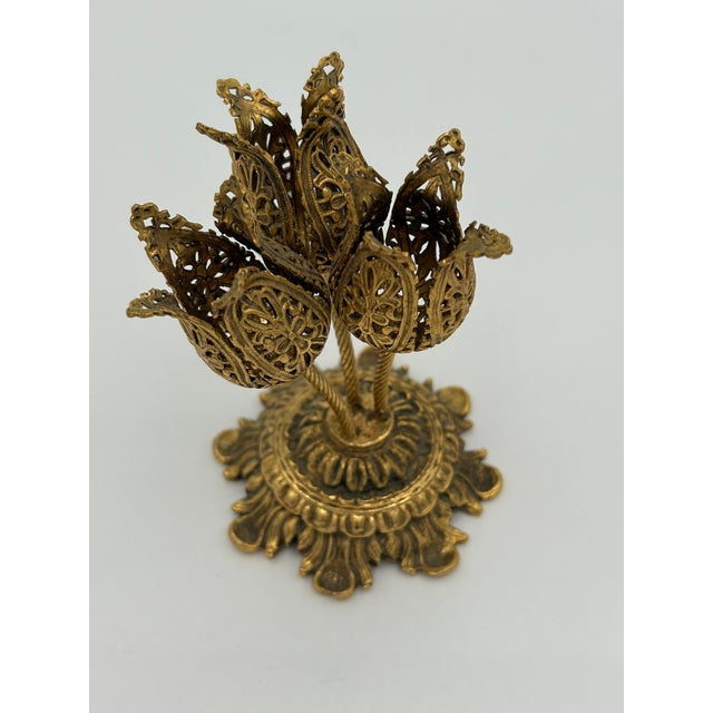 Mid 20th Century Vintage Gold Filigree Tulip Flower Lipstick Holder Vanity Accessory & Storage For Sale - Image 5 of 10