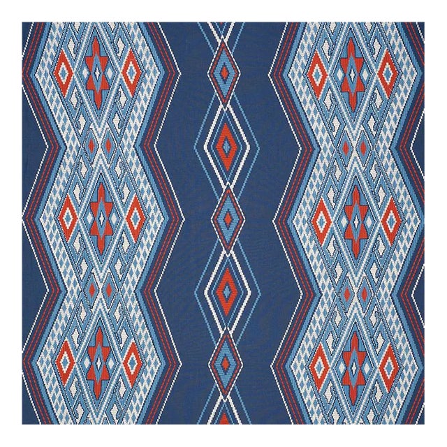 Sample - Schumacher Bayeta Embroidery Fabric in Blue & Red For Sale