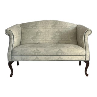1980s Chinoiserie Georgian Chippendale Camelback Verdigris Settee For Sale