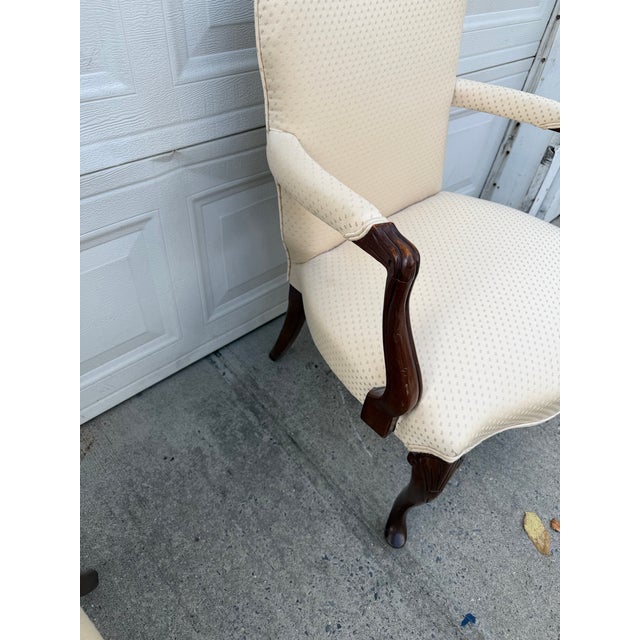 Pair of Vintage French Provincial Upholstered Armchairs With Cabriole Legs and Carved Details For Sale In New York - Image 6 of 12