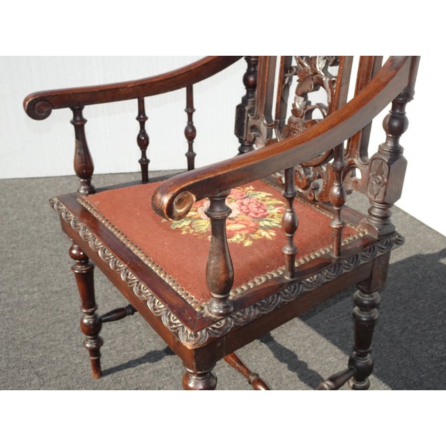 Vintage Spanish Style Highly Carved Throne Chair Needlepoint Floral Seat ~ Victorian For Sale - Image 10 of 13