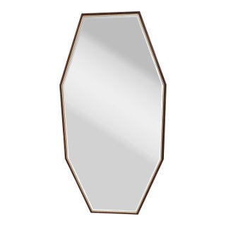 Wood and Brass-Framed Wall Mirror, Elongated Hexagon Shape,mid-Century Modern Style For Sale