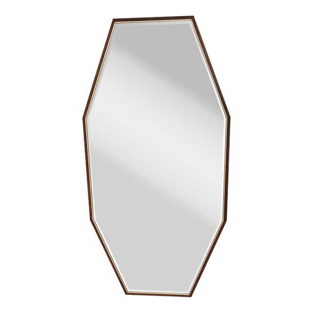 Wood and Brass-Framed Wall Mirror, Elongated Hexagon Shape,mid-Century Modern Style For Sale