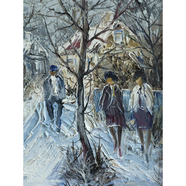 Mid-Century Modern 'Winter Lane' Vintage Swedish Expressive Village Street Scene Oil Painting, Framed For Sale - Image 10 of 11