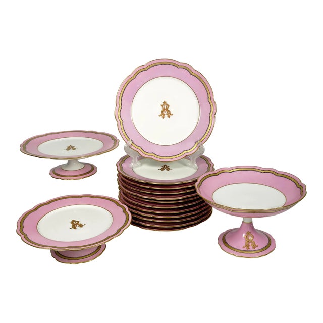 Antique French Old Paris Porcelain Pompadour Pink 15 Piece Dessert Service For Sale