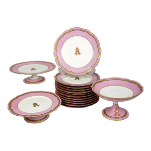 Antique French Old Paris Porcelain Pompadour Pink 15 Piece Dessert Service