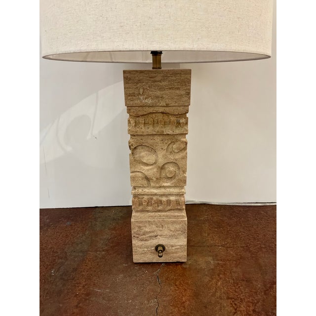 Stylish Revelation Icon Lamps Carved Travertine - Pair. Sculptural rectangular body, drum linen shade. Original Retail...