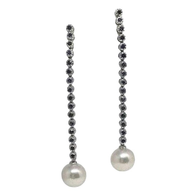 Large Akoya Pearl Sapphire Earrings 14 Karat Gold 8.7 mm Certified For Sale