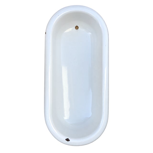 Vintage Hungarian White Enamel Bathtub With Pale Blue Metal Stand For Sale - Image 4 of 7