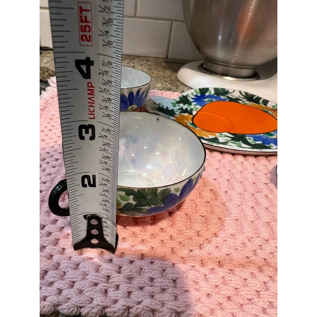 Set of 4, 1970s Orange and Blue Ceramic Plates and Teacups For Sale - Image 10 of 10