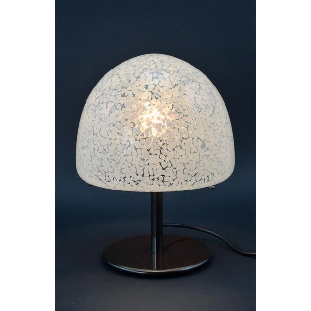 Clear and white speckled mushroom shaped overlay glass. Metal base. Produced after Barovier & Toso, Italy. 1950s. In very...