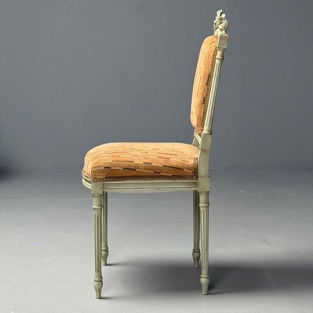 Swedish Louis XVI Style, Ten Dining Chairs, Grey Carved Wood, Fabric, 20th C. For Sale - Image 12 of 12