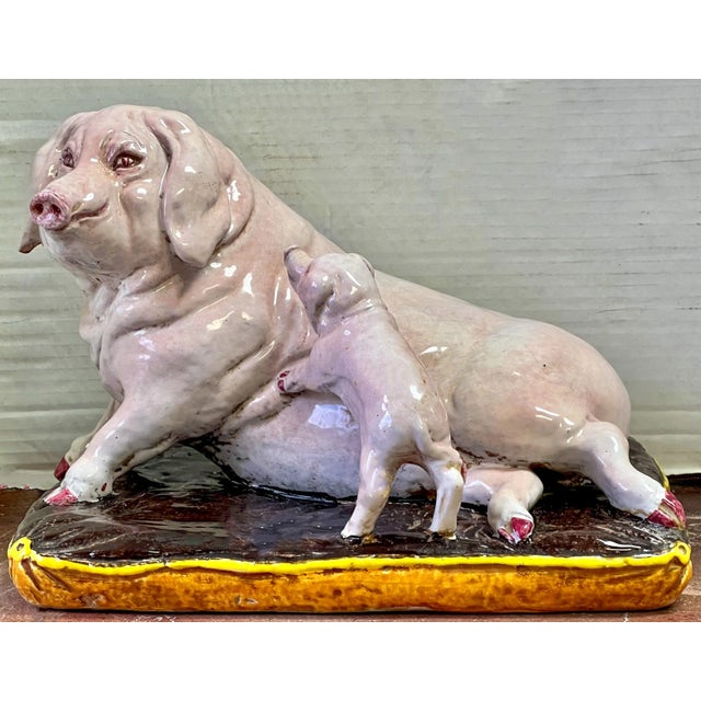 Ceramic Mid-Century Italian Terracotta Hand Painted Mother Pig & Baby on Pillow Figurine For Sale - Image 7 of 9