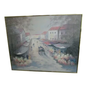 1970s Gold Framed Oil Painting Lee Reynolds Street Scene Horse Drawn Carriage
