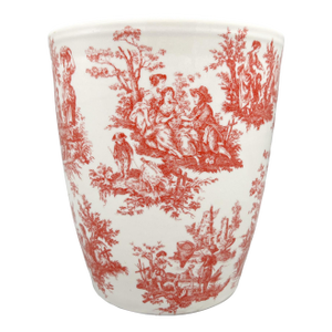 Vintage Red Transfer Ware Ceramic Cachepot Planter - European Pastoral Scene, Cottagecore, Grandmillennial