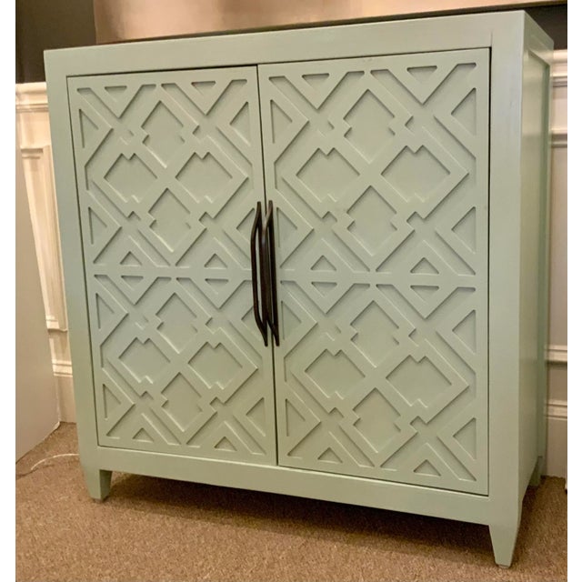 Stylish Modern Ronin’s Egg Blue Geometric Cabinet, dark bronze finished metal hardware, two doors, one shelf, showroom...