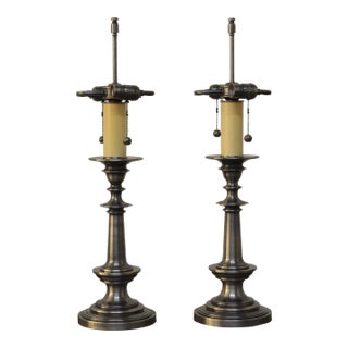 English Style Candlestick Lamps in Pewter Finish - A Pair For Sale