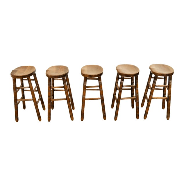 Antique Set of Five Antique Arts & Crafts Turned Elm Bar Sadle Seat Stools 1900 For Sale - Image 11 of 18