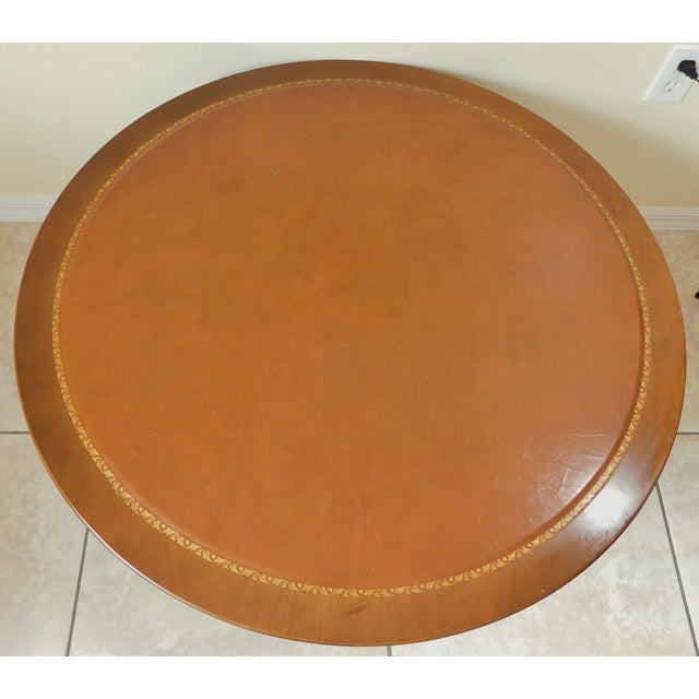 Vintage Mid Century Round Solid Wood Tooled Leather Top Coffee Table