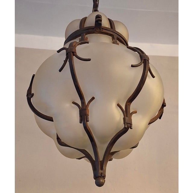 Venetian Murano Blown Frosted Glass Hall Lantern Pendant Light in Iron Frame, Italy, 1960s For Sale - Image 10 of 11