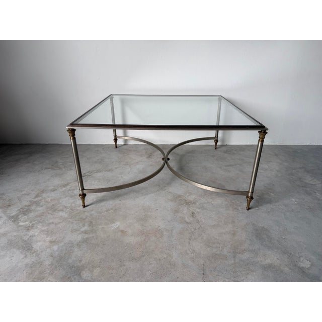 Vintage Italian Hollywood Regency Maison Jansen-Style Steel & Brass Coffee Table With Glass Top For Sale In Miami - Image 6 of 13
