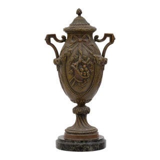 Hollywood Regency Bronze French Lidded Urn With Handles on Marble Base C. 1950s For Sale