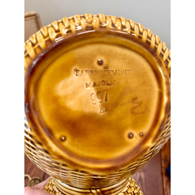 Sarreguemines French Majolica Ceramic Trompe L’oeil Basket With Faux Bamboo Wicker Detailing and Blue Interior For Sale - Image 9 of 12