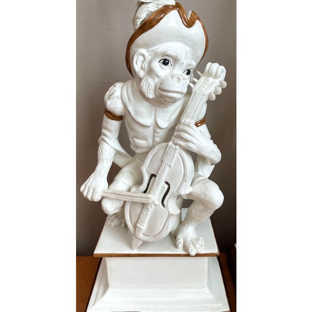 Vintage Italian Glazed Ceramic Monkey Musician Lamps - A Pair For Sale - Image 4 of 12