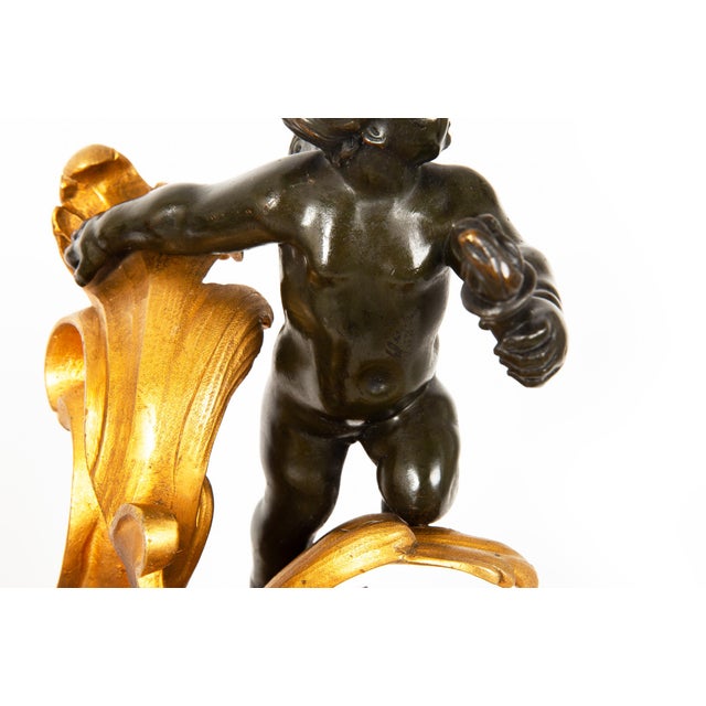 19th Century Pair Louis XV Style Bronze Fireplace Chenets With Putto Sculpture For Sale - Image 6 of 18