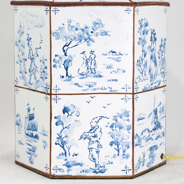 A Pair of Vintage Hand-Painted Blue and White Imitation Dutch Tile Landscape Tea Can Table Lamps For Sale - Image 11 of 14