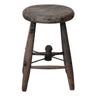 1920s French Rustic Workshop Stool With Iron Stretcher For Sale