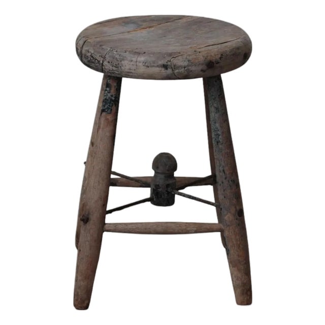 Late 19th Century Rustic Wooden Stool With Iron Stretcher For Sale