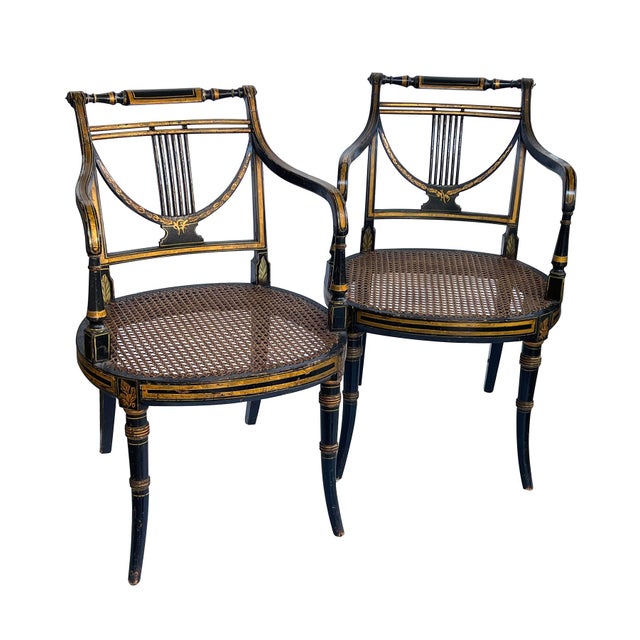 Pair English Regency Ebonized and Parcel-Gilt Armchairs With Caned Seat For Sale - Image 9 of 13