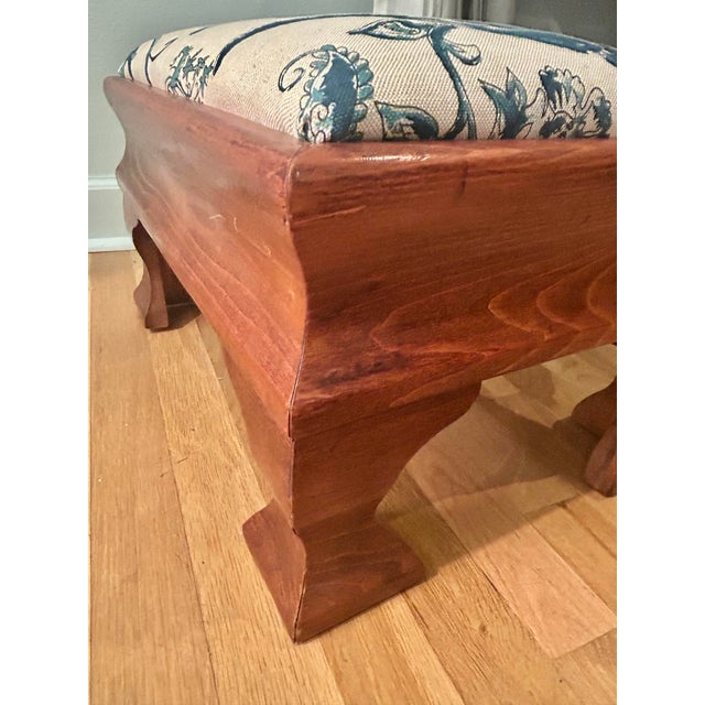 Vintage Empire Style Maple Footstool With Blue and White Linen Upholstery For Sale - Image 10 of 12
