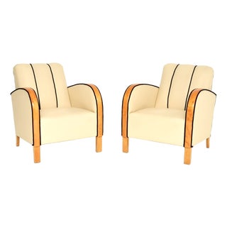 Art Deco Swedish Leather and Satin Birch Armchairs, 1930s, Set of 2 For Sale